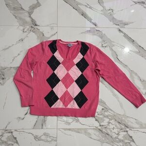Izod Pink and Black Argyle V-Neck Sweater
